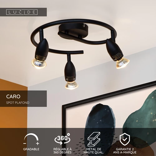 Lucide CARO - Spot plafond - Ø 31 cm - 3xGU10 - Noir - USP